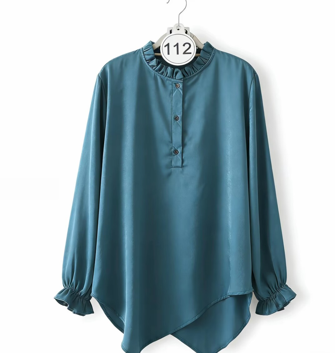 Stand collar, patchwork, loose fit, large size, long-sleeved, chiffon, plate button, vintage, versatile top