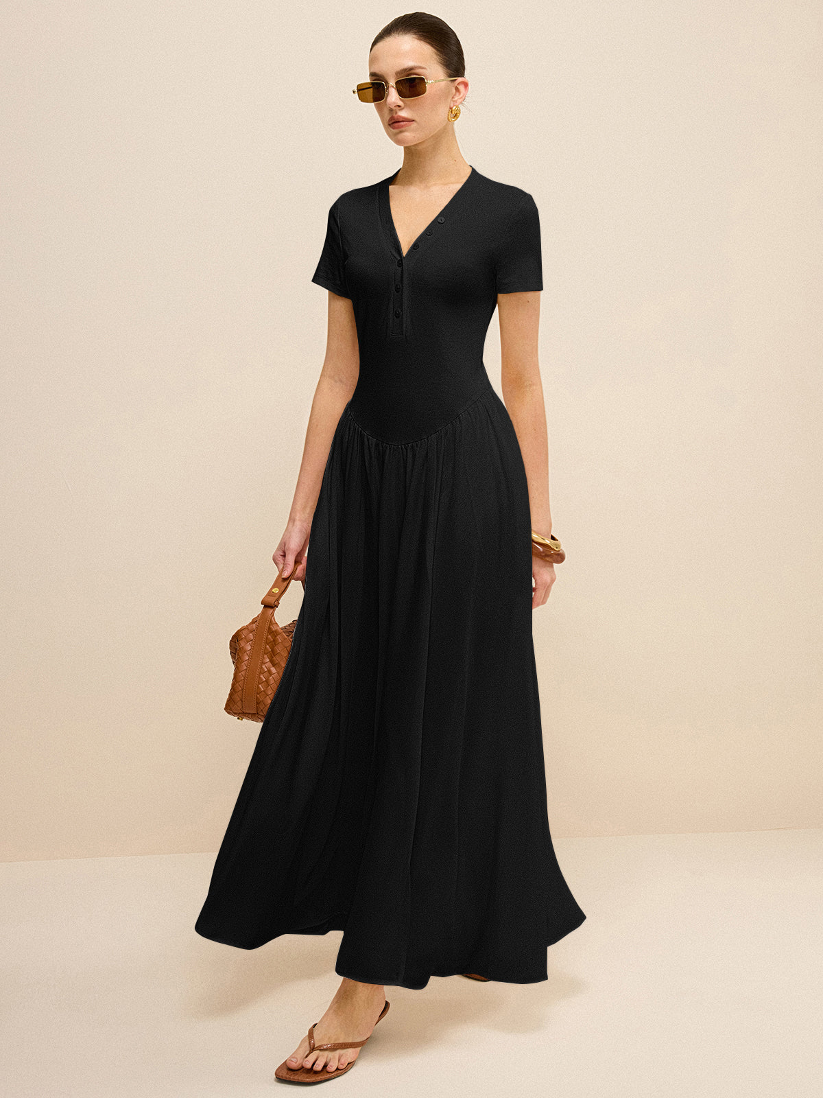 Button-Placket V-Neck Maxi Dress