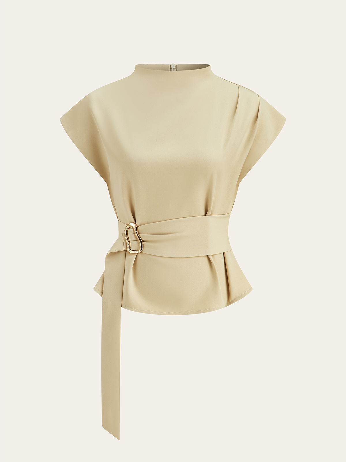Belted Mock Neck Short-Sleeve Blouse