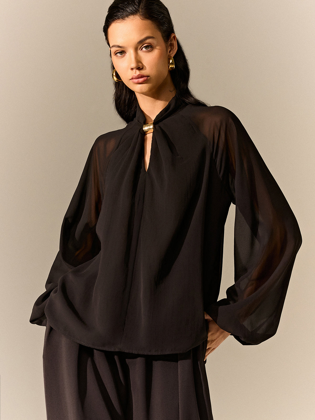Semi-Sheer Chiffon Blouse with Neckline Metal Detail