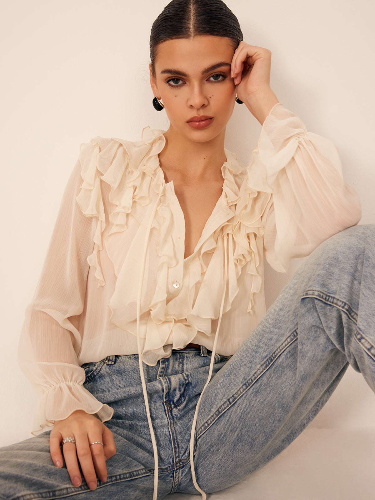 Semi-Sheer Ruffle Chiffon Breasted Blouse