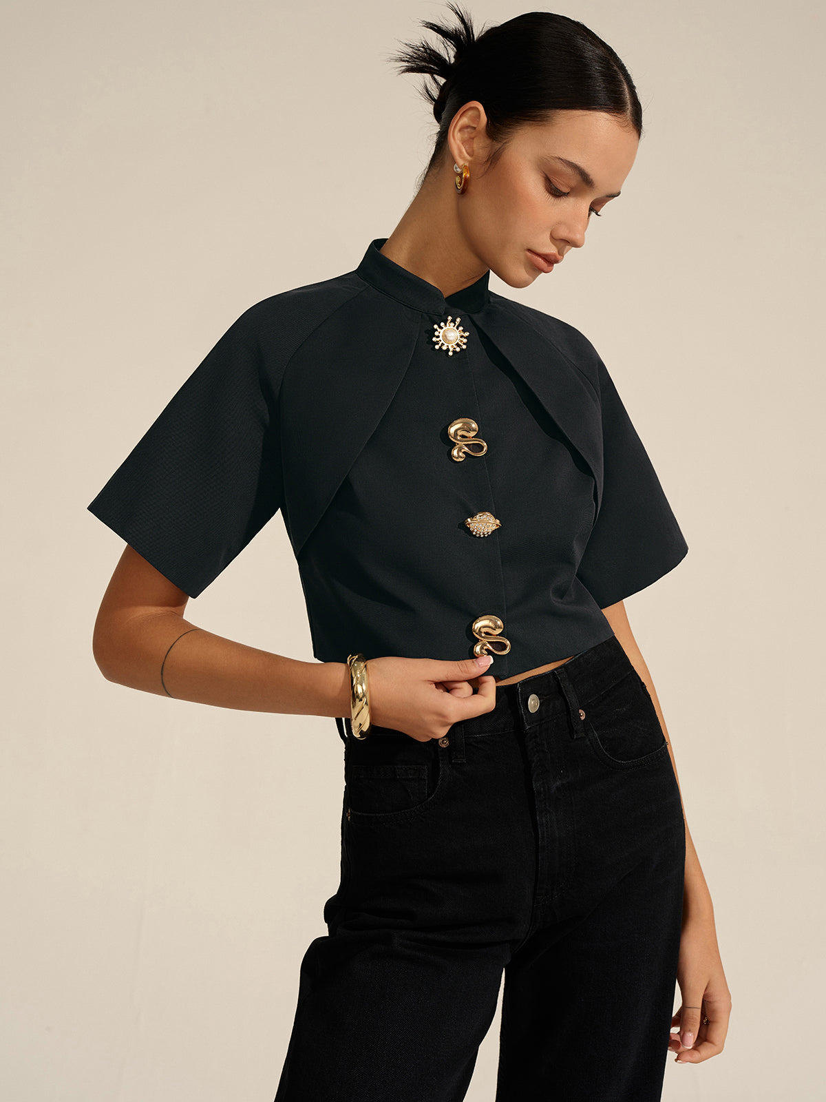 Metal Decor Cropped Blouse