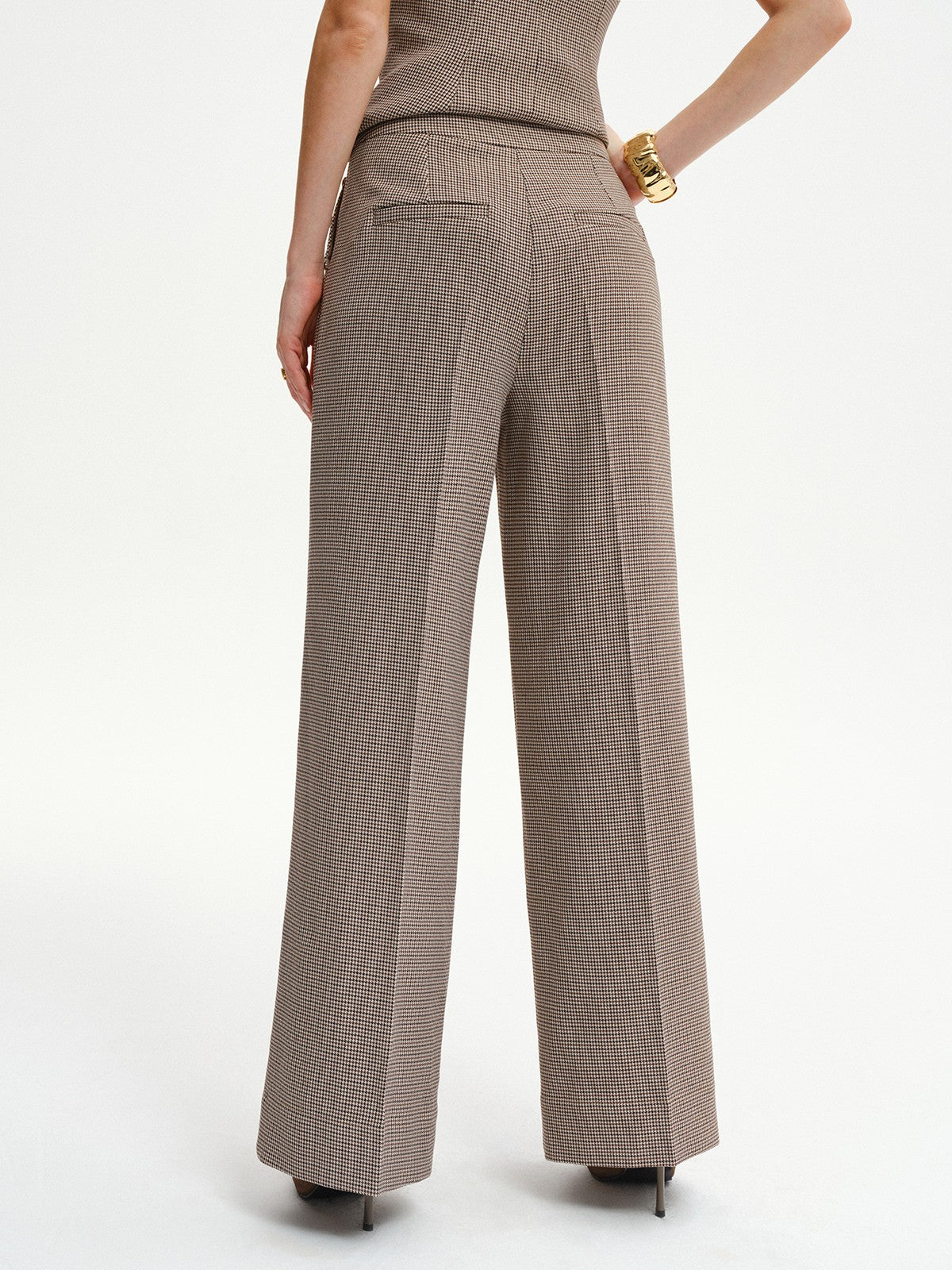 Houndstooth Metal Detail Mid-Waist Pants