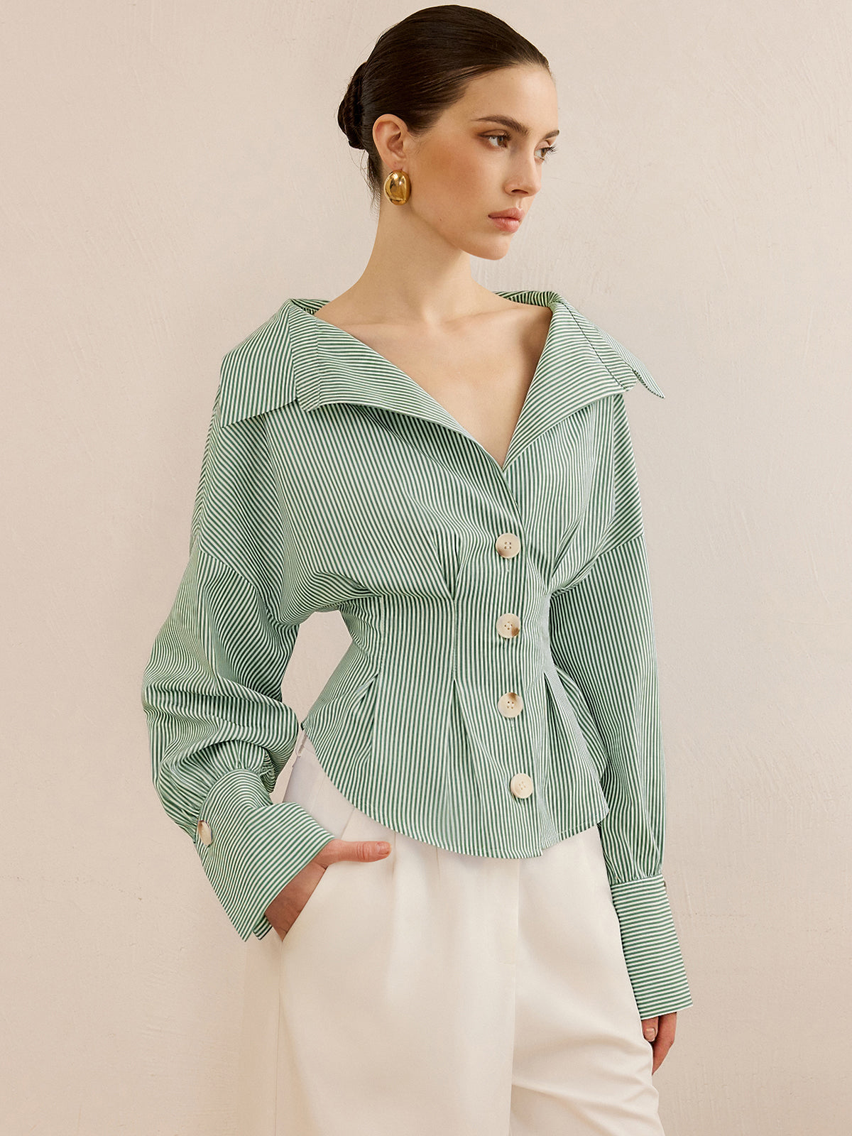 Striped Collared Shirt with Waist-Cinching Design