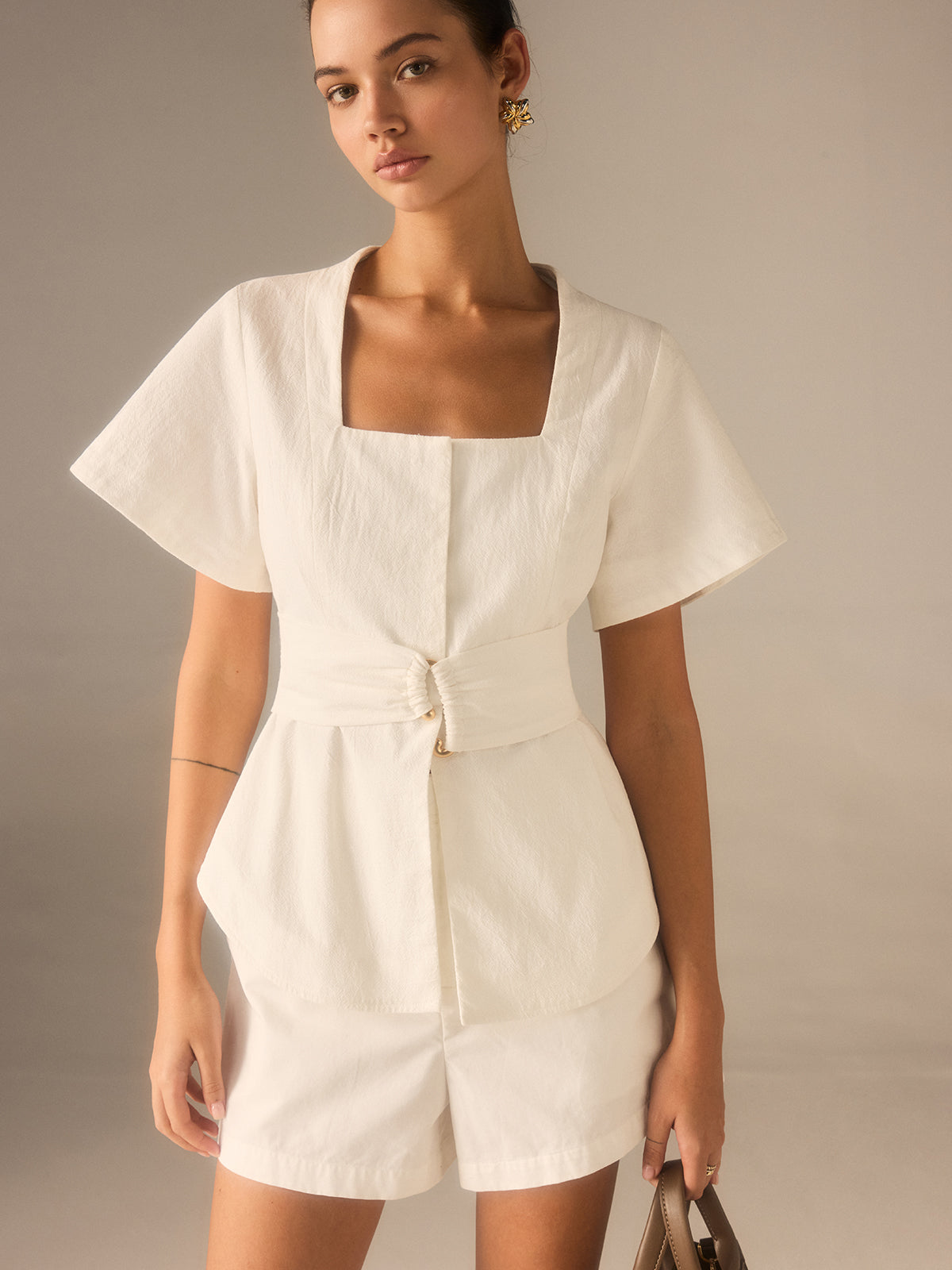 Cotton Square Neckline Top with Belted Waist